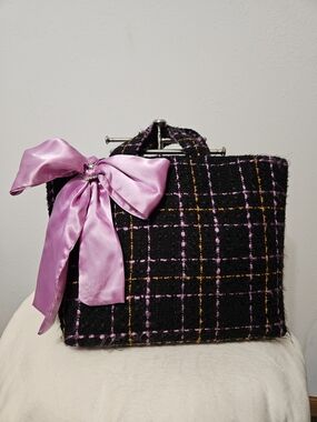 Black Tweed Tote with Pink Satin Bow